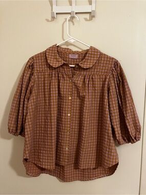 Ritavon burnt orange and pink Gingham Button-Front Peter Pan Collar Blouse